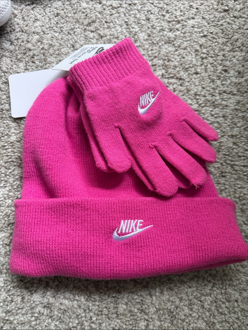 Kids Nike Hot Pink Knit Beanie with Matching Gloves Set